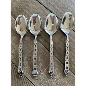 4 Northland Stainless Japan Soup Spoons Geometric Scroll Handle Vintage Flatware
